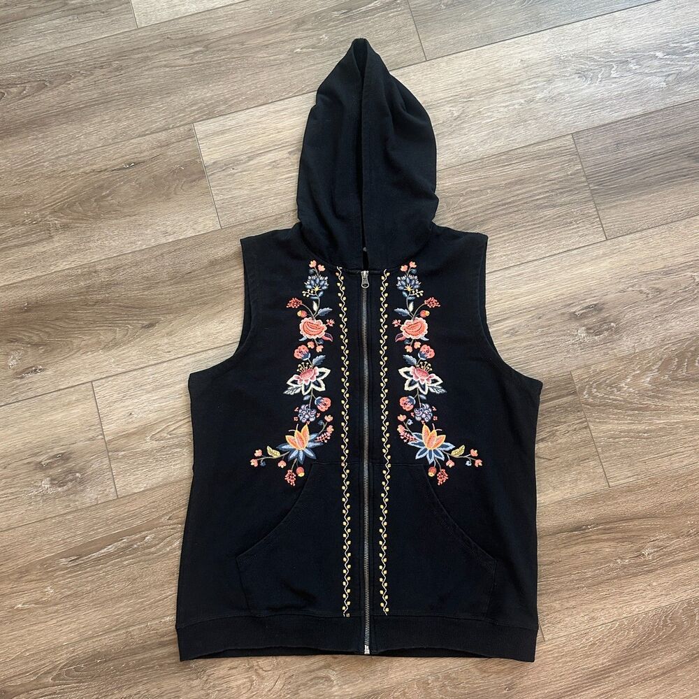 Floral Embroidered Sleeveless Zip Up Hoodie Vest Pocket Boho Art to Wear Size XL